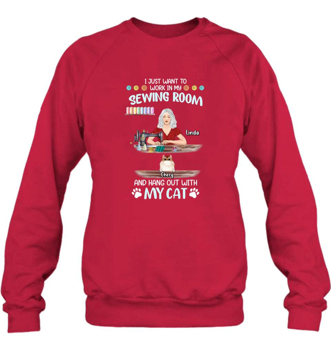 Personalized Cat Mom Sewing Shirt/Hoodie - Gift Idea For Cat and Sewing Lovers/Mother's Day - Up to 6 Cats - I Just Want To Work In My Sewing Room And Hang Out With My Cat