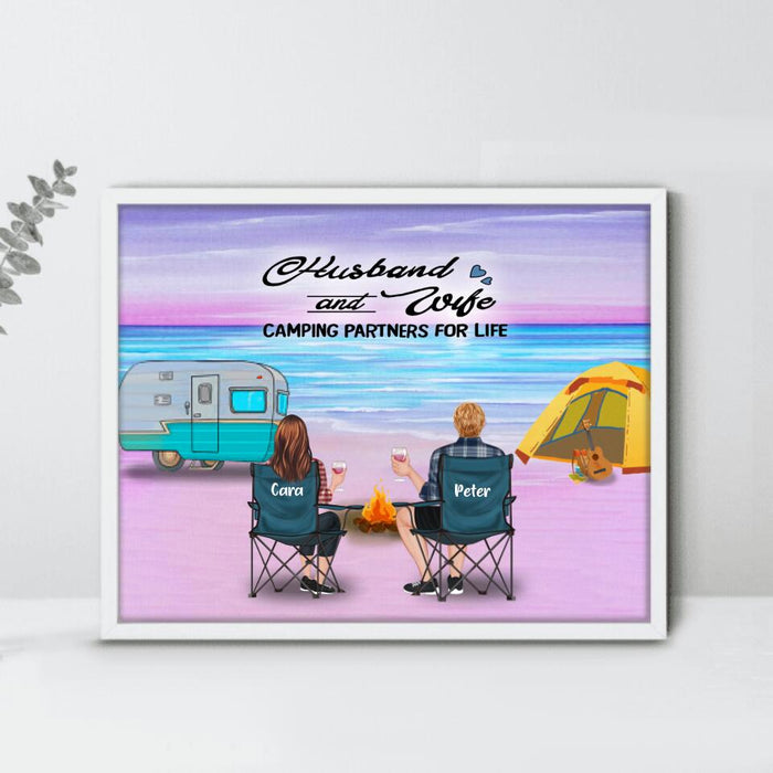 Personalized Beach Camping Poster - Couple/Parents With Up to 3 Kids And 4 Pets - Gift Idea For Couple/Family/Camping Lover - Husband And Wife Camping Partners For Life