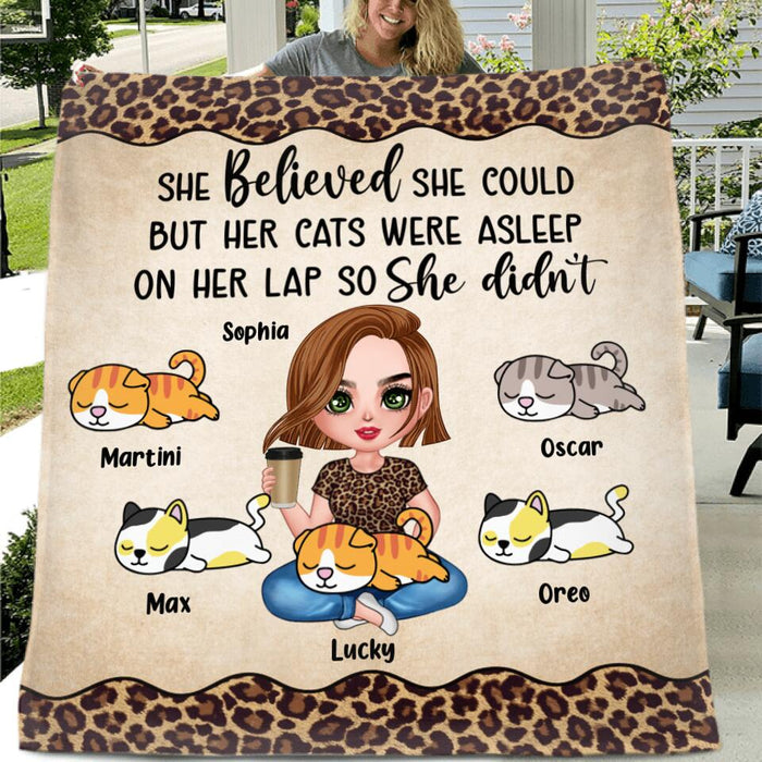 Personalized Cat Mom Fleece Throw Blanket/Quilt - Gift Idea For Cat Owner with up to 5 Cats - Her Cats Were Asleep On Her Lap