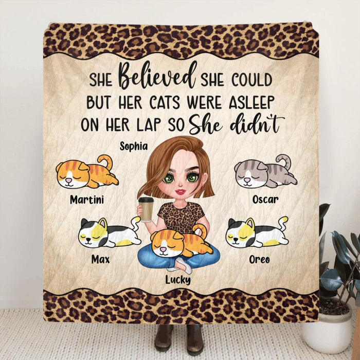 Personalized Cat Mom Fleece Throw Blanket/Quilt - Gift Idea For Cat Owner with up to 5 Cats - Her Cats Were Asleep On Her Lap