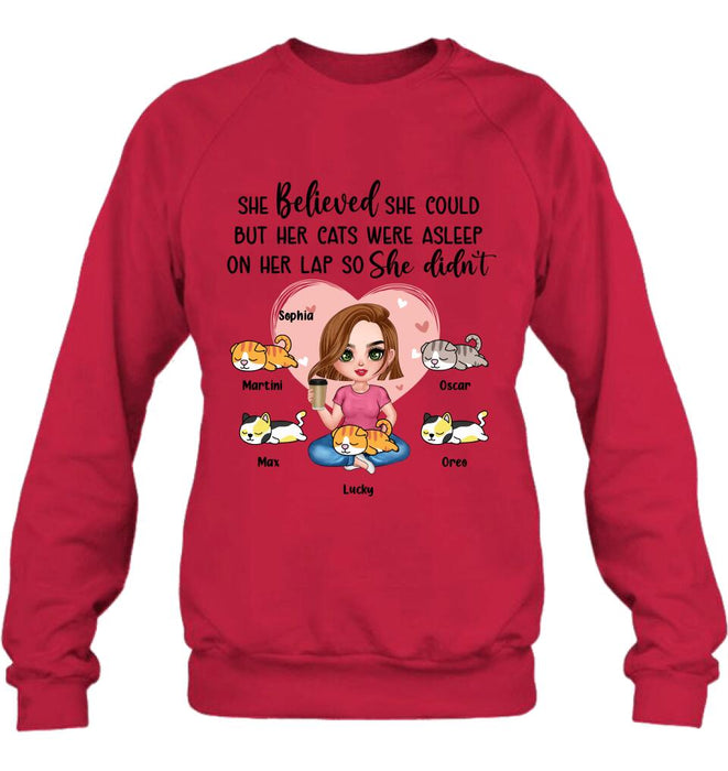 Personalized Cat Mom Shirt/Hoodie - Gift Idea For Cat Owner with up to 5 Cats - Her Cats Were Asleep On Her Lap