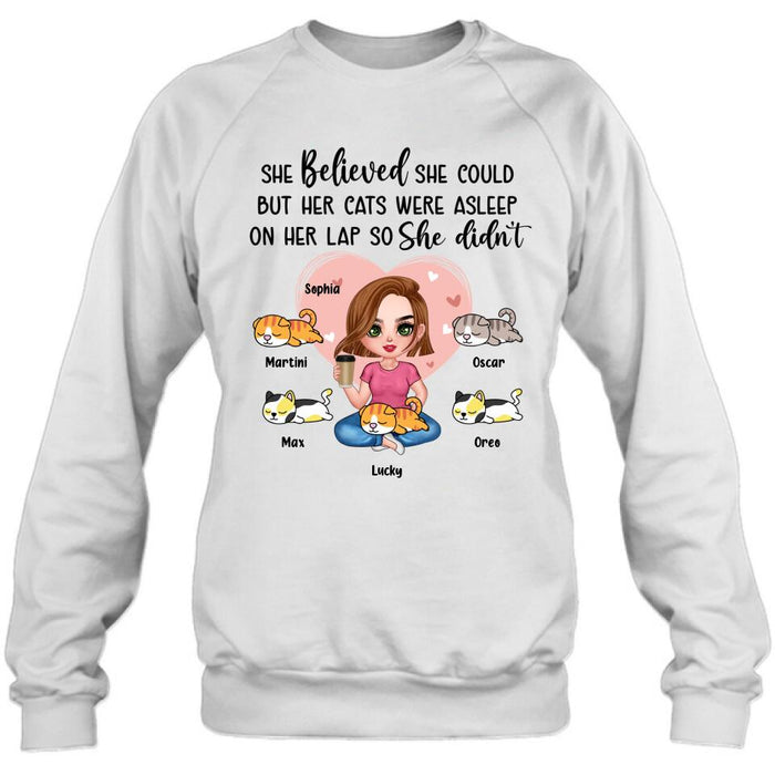 Personalized Cat Mom Shirt/Hoodie - Gift Idea For Cat Owner with up to 5 Cats - Her Cats Were Asleep On Her Lap