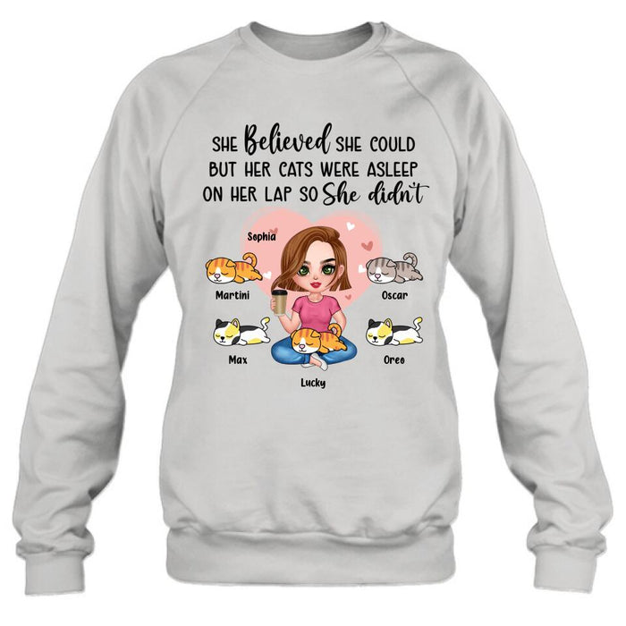 Personalized Cat Mom Shirt/Hoodie - Gift Idea For Cat Owner with up to 5 Cats - Her Cats Were Asleep On Her Lap