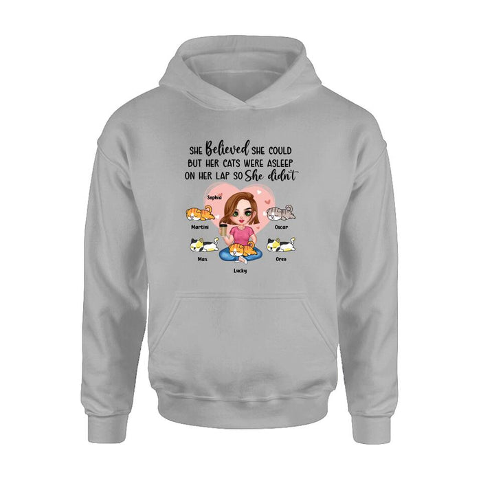 Personalized Cat Mom Shirt/Hoodie - Gift Idea For Cat Owner with up to 5 Cats - Her Cats Were Asleep On Her Lap