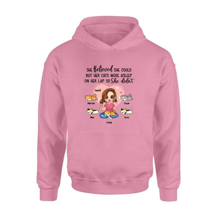 Personalized Cat Mom Shirt/Hoodie - Gift Idea For Cat Owner with up to 5 Cats - Her Cats Were Asleep On Her Lap