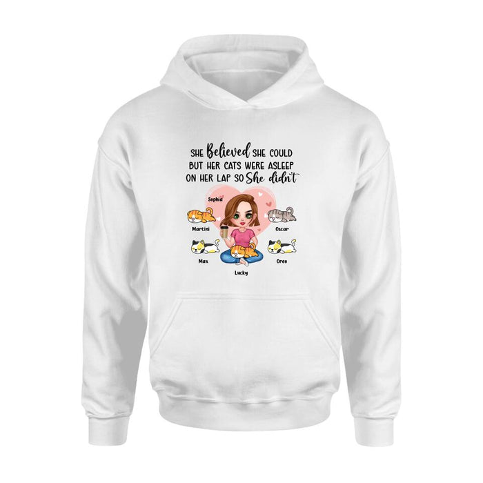 Personalized Cat Mom Shirt/Hoodie - Gift Idea For Cat Owner with up to 5 Cats - Her Cats Were Asleep On Her Lap