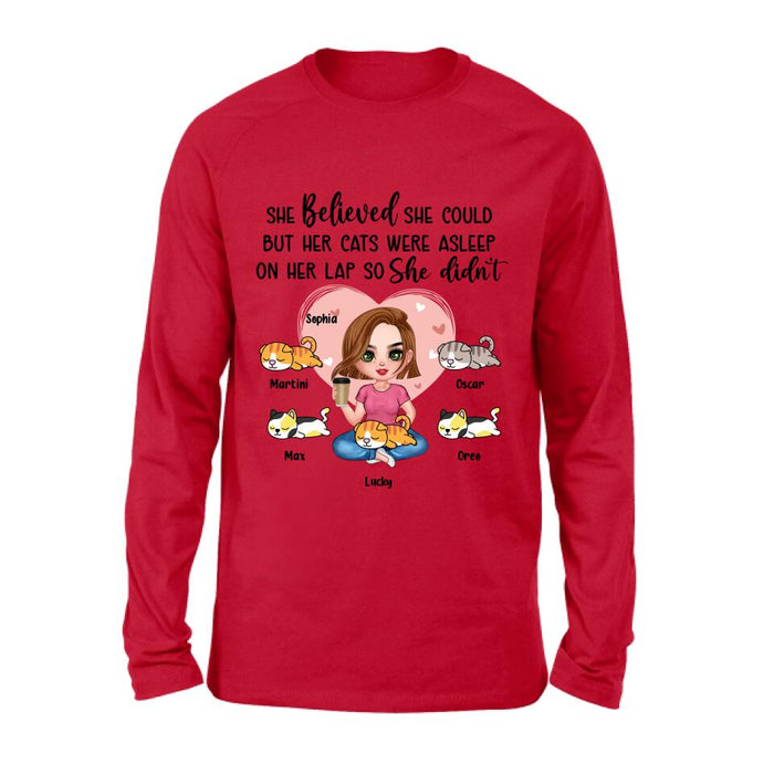 Personalized Cat Mom Shirt/Hoodie - Gift Idea For Cat Owner with up to 5 Cats - Her Cats Were Asleep On Her Lap