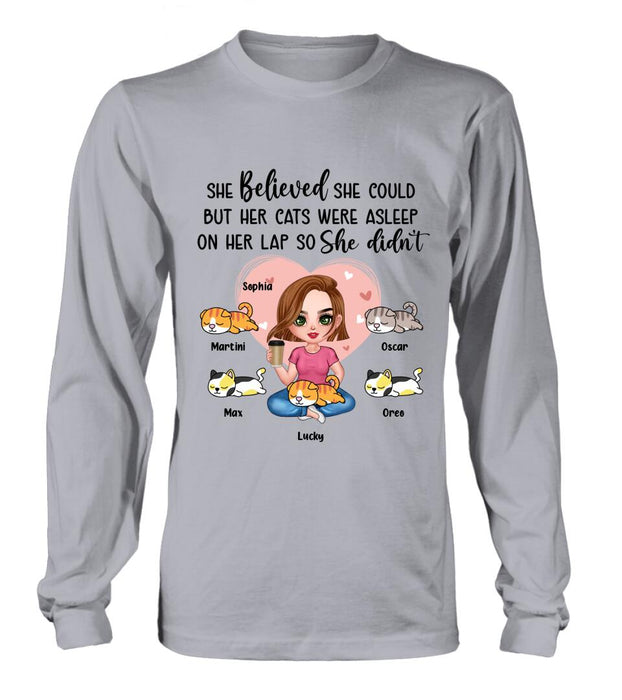 Personalized Cat Mom Shirt/Hoodie - Gift Idea For Cat Owner with up to 5 Cats - Her Cats Were Asleep On Her Lap