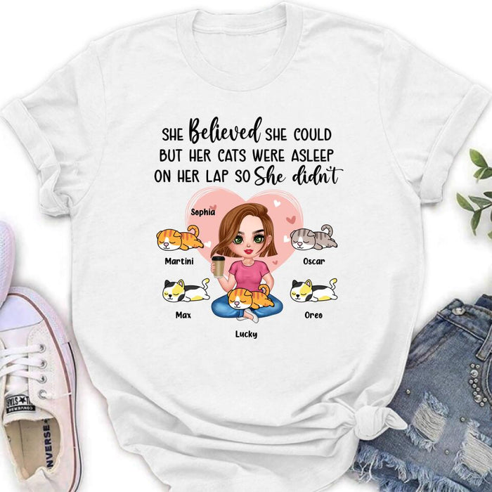 Personalized Cat Mom Shirt/Hoodie - Gift Idea For Cat Owner with up to 5 Cats - Her Cats Were Asleep On Her Lap