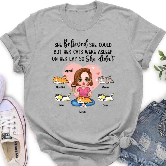 Personalized Cat Mom Shirt/Hoodie - Gift Idea For Cat Owner with up to 5 Cats - Her Cats Were Asleep On Her Lap