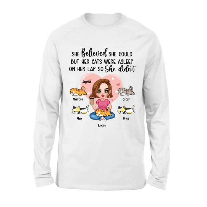Personalized Cat Mom Shirt/Hoodie - Gift Idea For Cat Owner with up to 5 Cats - Her Cats Were Asleep On Her Lap