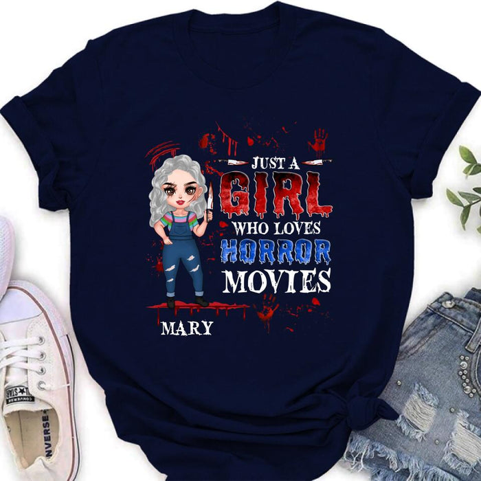 Personalized Halloween Shirt/Hoodie - Gift Idea For Halloween - Just A Girl Who Loves Horror Movies