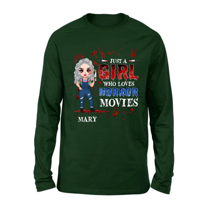 Personalized Halloween Shirt/Hoodie - Gift Idea For Halloween - Just A Girl Who Loves Horror Movies