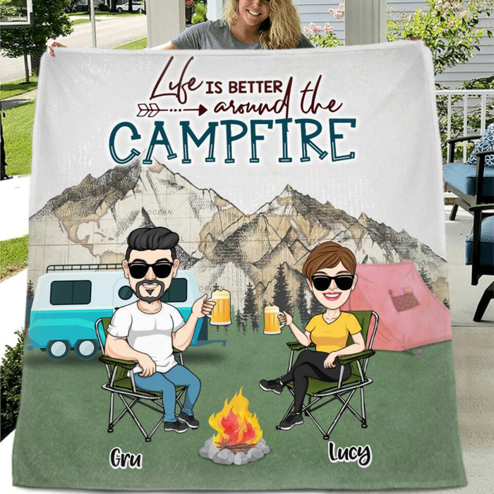 Personalized Camping Couple Fleece Throw Blanket/Quilt - Couple With Up to 4 Dogs - Gift Idea For Camping/Dog Lover - Life Is Better Around The Campfire