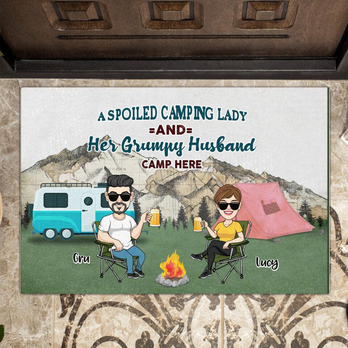 Personalized Camping Couple Doormat - Couple With Up to 4 Dogs - Gift Idea For Camping/Dog Lover - A Spoiled Camping Lady And Her Grumpy Husband Camp Here
