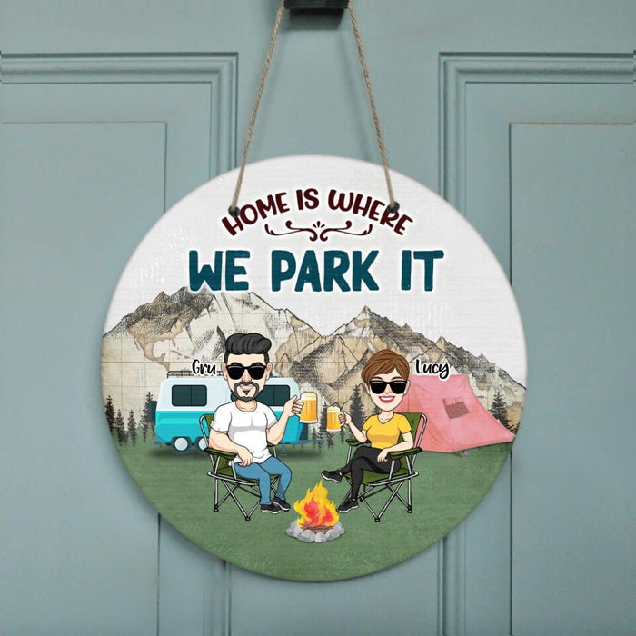 Personalized Camping Couple Wooden Sign - Couple With Up to 4 Dogs - Gift Idea For Camping/Dog Lover - Home Is Where We Park It