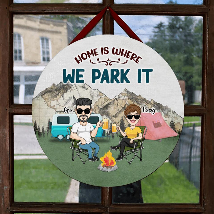 Personalized Camping Couple Wooden Sign - Couple With Up to 4 Dogs - Gift Idea For Camping/Dog Lover - Home Is Where We Park It