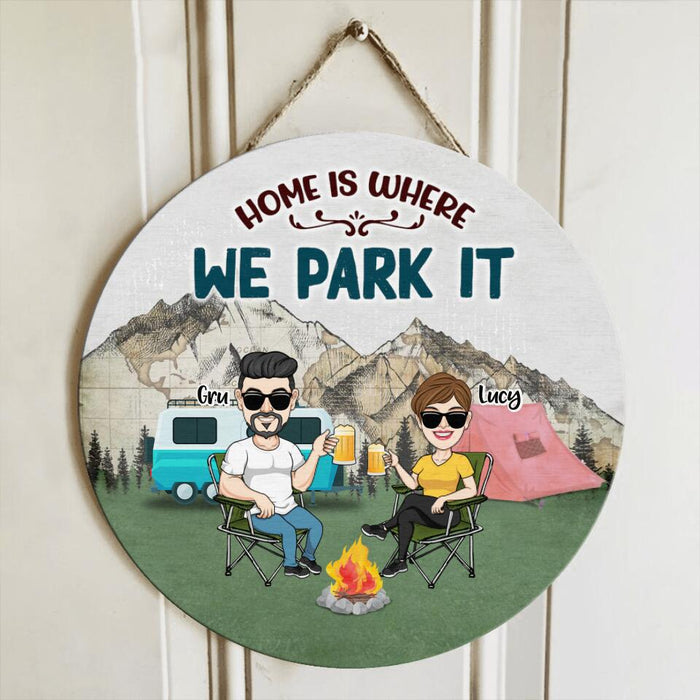 Personalized Camping Couple Wooden Sign - Couple With Up to 4 Dogs - Gift Idea For Camping/Dog Lover - Home Is Where We Park It