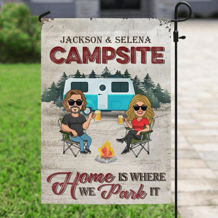 Personalized Camping Couple Flag Sign - Couple With Up to 4 Dogs - Gift Idea For Couple/Camping Lover - Home Is Where We Park It