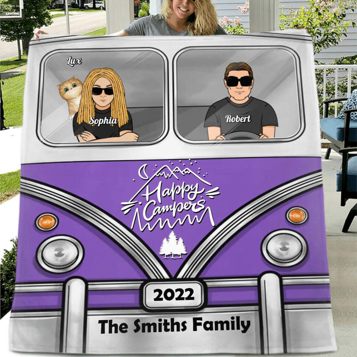 Personalized Happy Campers Pillow Cover/Fleece/Quilt Blanket - Parents, Single Parent With Up to 3 Kids And 6 Pets - Camping Gift For Family Members/Campers/Dog/Cat Lover