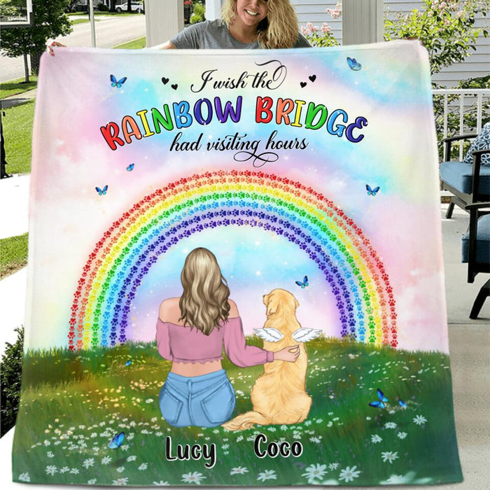 Personalized Dog Cat Memorial Fleece Blanket/Quilt - Up to 4 Pets - Memorial Gift For Dog Cat Lover - I Wish The Rainbow Bridge Had Visiting Hours