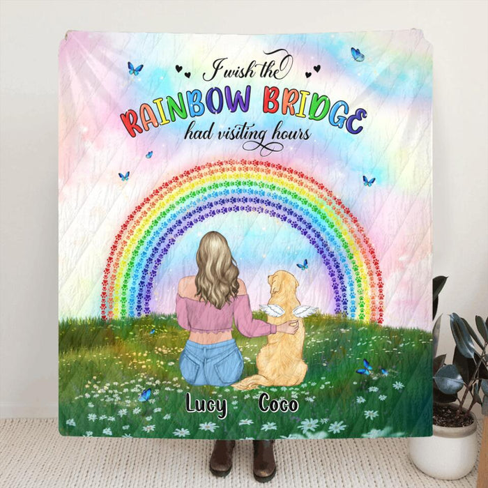 Personalized Dog Cat Memorial Fleece Blanket/Quilt - Up to 4 Pets - Memorial Gift For Dog Cat Lover - I Wish The Rainbow Bridge Had Visiting Hours