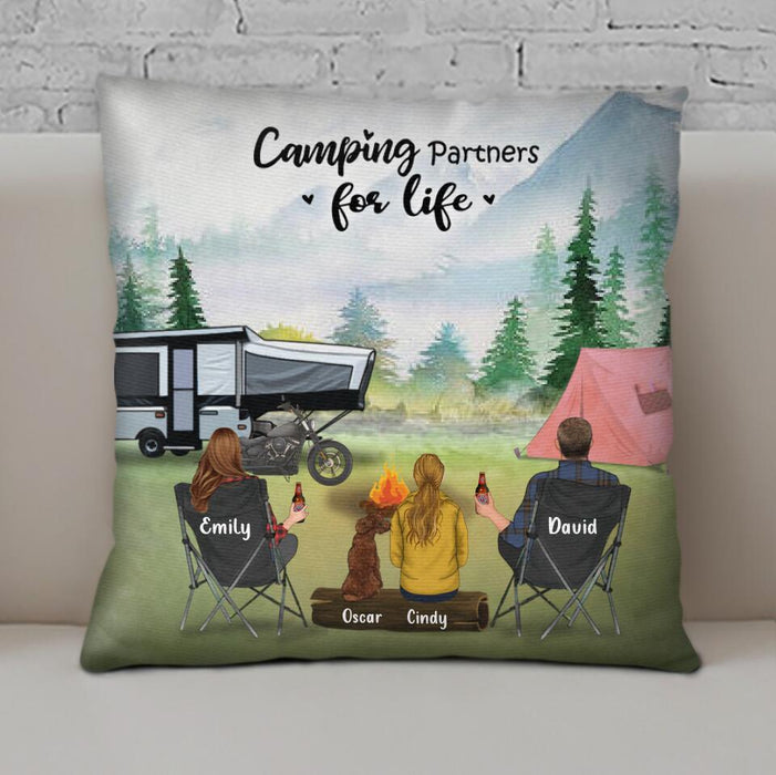 Personalized Camping Pillow Cover - Couple With Kid and Up to 5 Pets - Best Gift For Couple, Camping Lovers - Camping Partners For Life