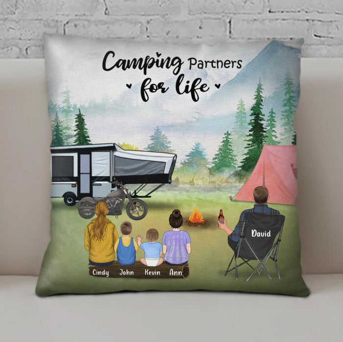 Personalized Camping Throw Pillow Cover - Single Mom/Dad With Up To 4 Children & 2 Pets - Gift For Father's Day, Camping Lovers - Camping Partners For Life