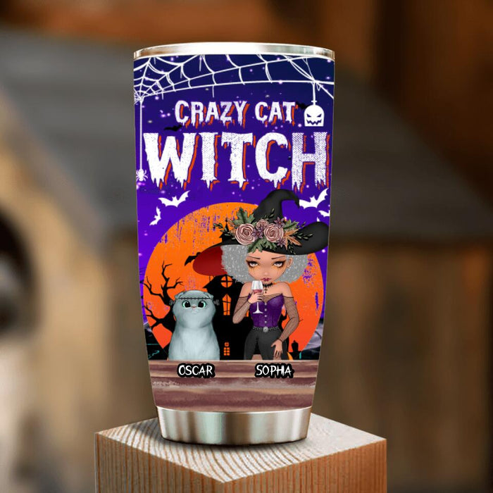 Personalized Crazy Cat Witch Tumbler - Up to 4 Cats - Halloween Gift Idea For Cat Lovers