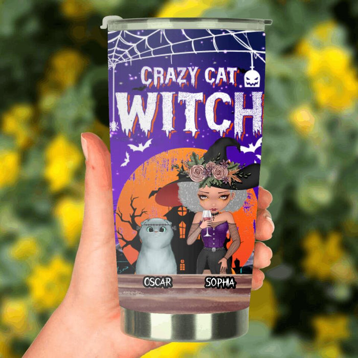 Personalized Crazy Cat Witch Tumbler - Up to 4 Cats - Halloween Gift Idea For Cat Lovers
