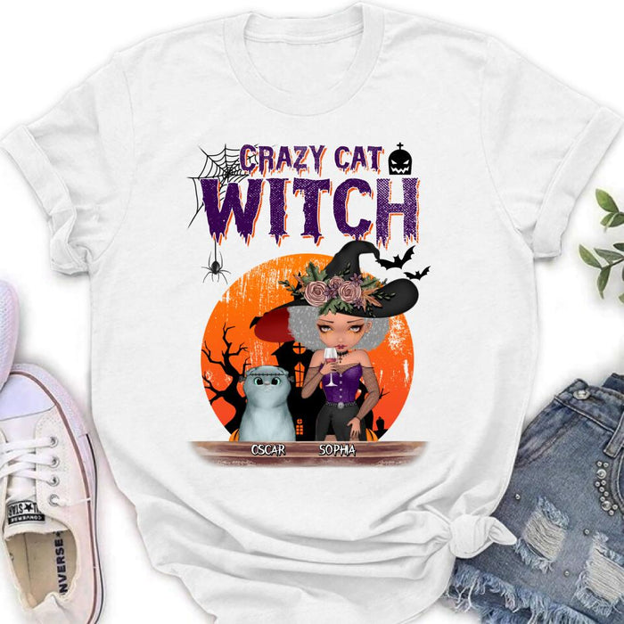 Personalized Crazy Cat Witch T-Shirt - Up to 4 Cats - Halloween Gift Idea For Cat Lovers