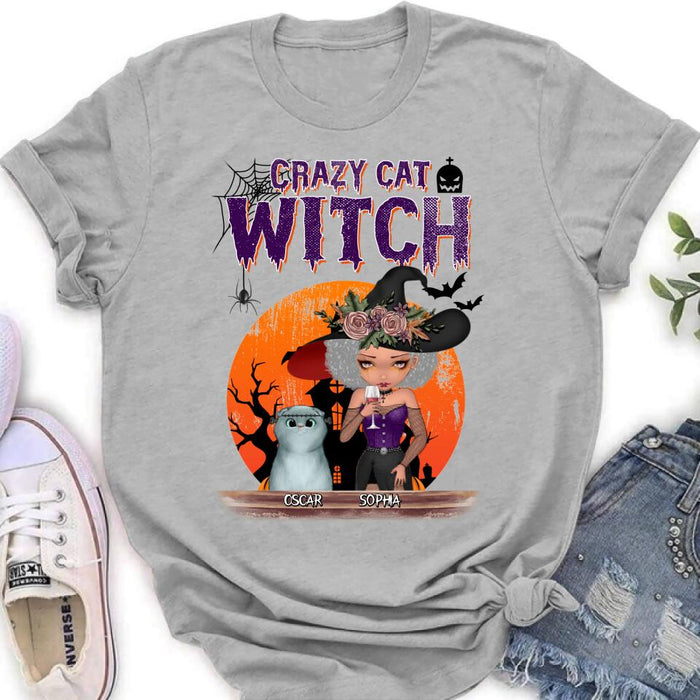 Personalized Crazy Cat Witch T-Shirt - Up to 4 Cats - Halloween Gift Idea For Cat Lovers