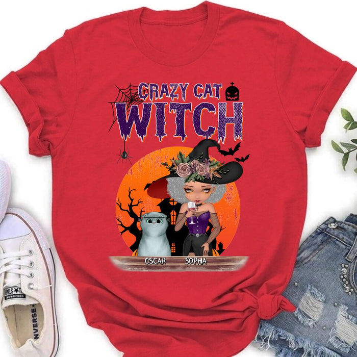 Personalized Crazy Cat Witch T-Shirt - Up to 4 Cats - Halloween Gift Idea For Cat Lovers