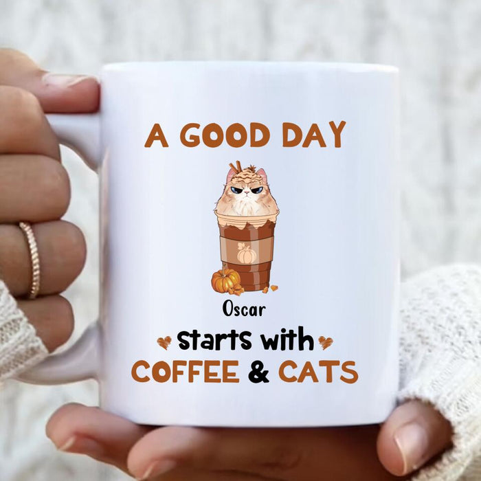 Personalized Cat Mom & Coffee Mug - Gift Idea For Cat Lover - Up To 5 Cats - A Good Day Starts With Coffee & Cats