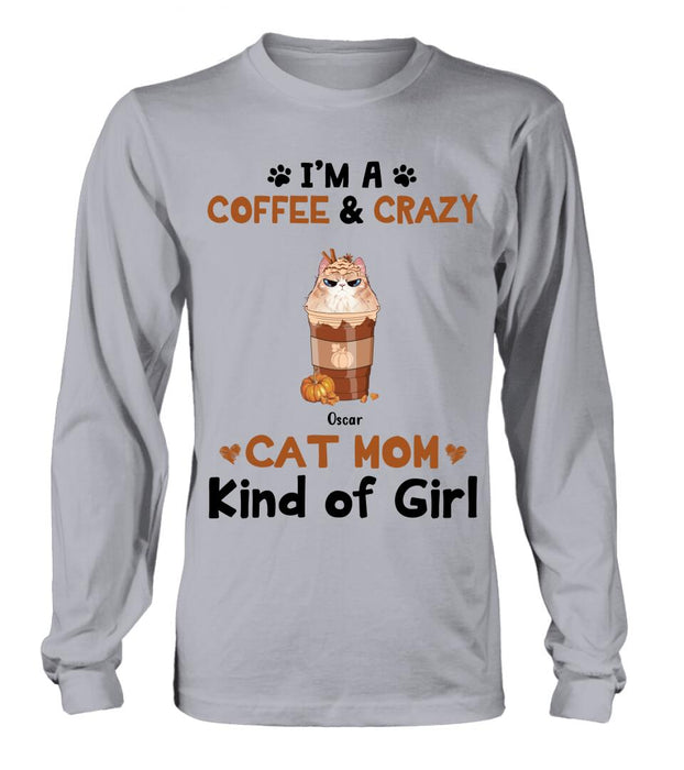 Personalized Cat Mom & Coffee Shirt - Gift Idea For Cat Lover - Up To 5 Cats - I'm A Coffee & Crazy Cat Mom Kind Of Girl
