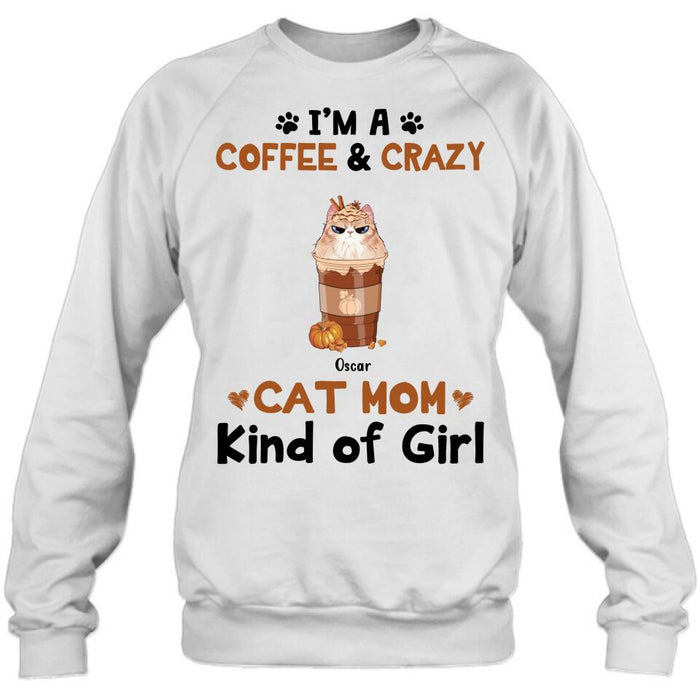 Personalized Cat Mom & Coffee Shirt - Gift Idea For Cat Lover - Up To 5 Cats - I'm A Coffee & Crazy Cat Mom Kind Of Girl