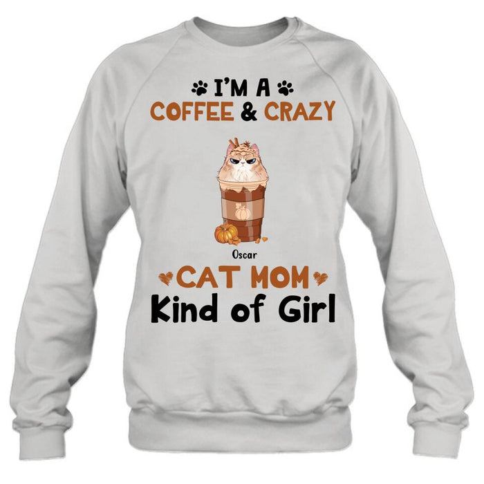 Personalized Cat Mom & Coffee Shirt - Gift Idea For Cat Lover - Up To 5 Cats - I'm A Coffee & Crazy Cat Mom Kind Of Girl