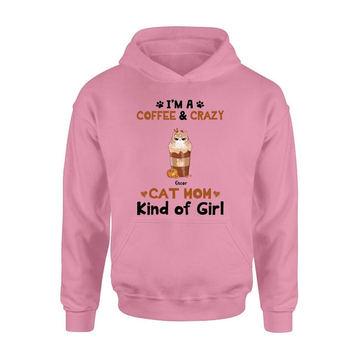 Personalized Cat Mom & Coffee Shirt - Gift Idea For Cat Lover - Up To 5 Cats - I'm A Coffee & Crazy Cat Mom Kind Of Girl