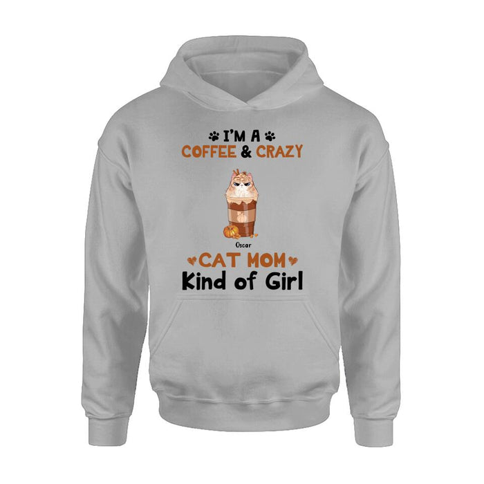 Personalized Cat Mom & Coffee Shirt - Gift Idea For Cat Lover - Up To 5 Cats - I'm A Coffee & Crazy Cat Mom Kind Of Girl