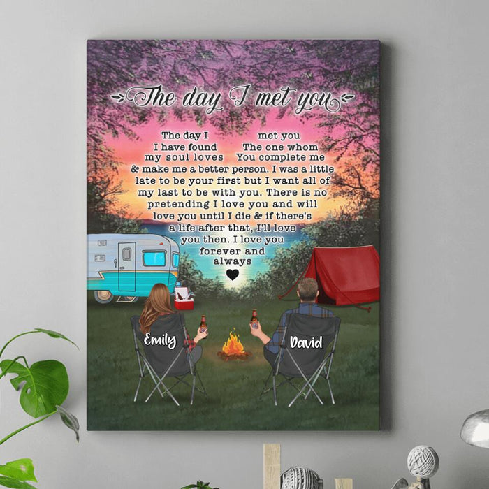 Personalized Camping Couple Canvas - Couple/Parents With Up to 3 Kids And 4 Pets - Gift Idea For Camping Lover - The Day I Met You
