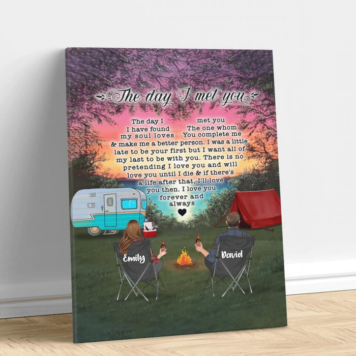 Personalized Camping Couple Canvas - Couple/Parents With Up to 3 Kids And 4 Pets - Gift Idea For Camping Lover - The Day I Met You