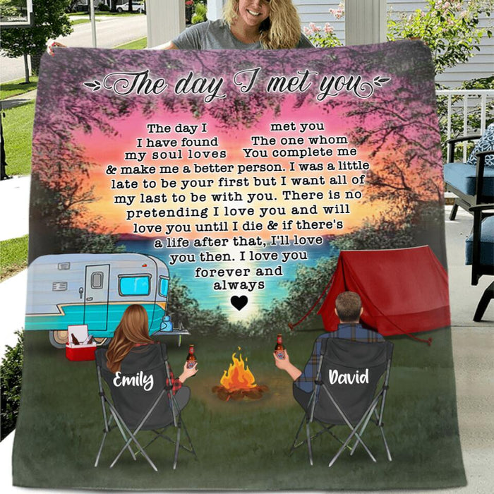 Personalized Camping Couple Fleece/Quilt Blanket - Couple/Parents With Up to 3 Kids And 4 Pets - Gift Idea For Camping Lover - The Day I Met You