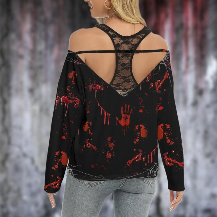 Personalized Horror Girl Cold Shoulder Long Sleeves Blouse - Gift Idea For Halloween - I'm Listening To My True Crime Podcasts