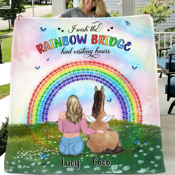 Personalized Horse Memorial Fleece/Quilt Blanket - Up to 4 Horses - Memorial Gift For Horse Lover - I Wish The Rainbow Bridge Had Visiting Hours