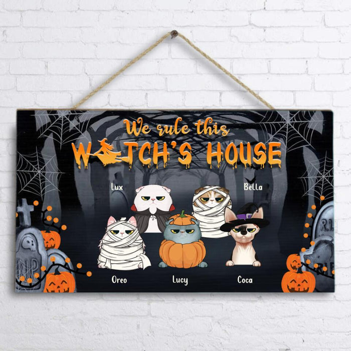 Personalized Halloween Wooden Sign - Gift Idea For Halloween/Cat Owner with up to 5 Cats - We Rule This Witch's House