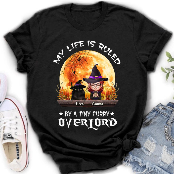 Personalized Cat Witch T-Shirt/Sweatshirt/Hoodie - Up to 5 Cats - Halloween Gift Idea For Cat Lovers - My Life Is Ruled By A Tiny Furry Overlord