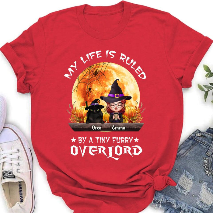 Personalized Cat Witch T-Shirt/Sweatshirt/Hoodie - Up to 5 Cats - Halloween Gift Idea For Cat Lovers - My Life Is Ruled By A Tiny Furry Overlord