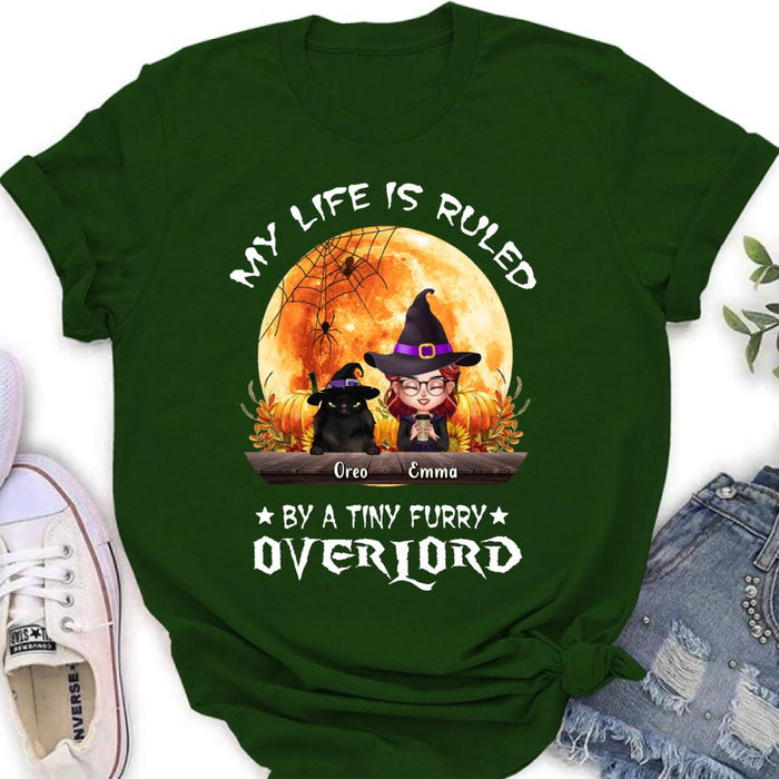 Personalized Cat Witch T-Shirt/Sweatshirt/Hoodie - Up to 5 Cats - Halloween Gift Idea For Cat Lovers - My Life Is Ruled By A Tiny Furry Overlord