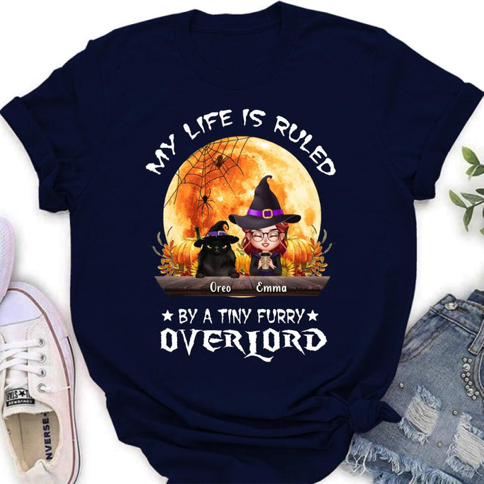 Personalized Cat Witch T-Shirt/Sweatshirt/Hoodie - Up to 5 Cats - Halloween Gift Idea For Cat Lovers - My Life Is Ruled By A Tiny Furry Overlord
