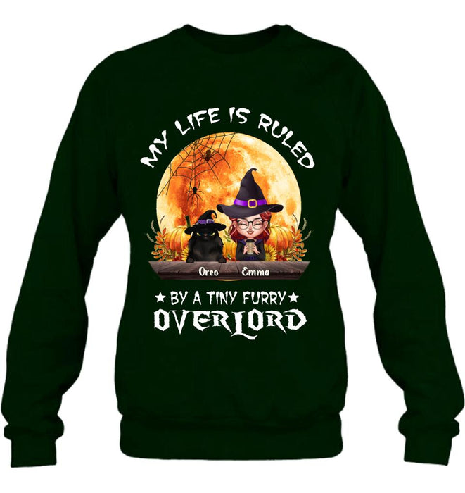 Personalized Cat Witch T-Shirt/Sweatshirt/Hoodie - Up to 5 Cats - Halloween Gift Idea For Cat Lovers - My Life Is Ruled By A Tiny Furry Overlord